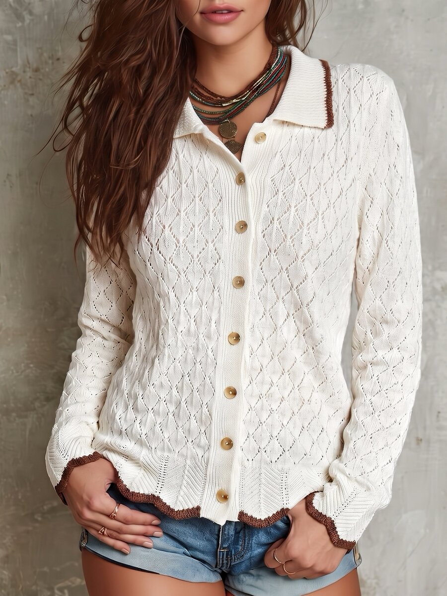 SHEIN Women's Basic Minimalist Casual Fashion Hollow Lapel Commuter Knit Cardigan Brunch Off-White Autumn