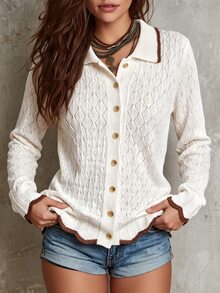 SHEIN Women's Basic Minimalist Casual Fashion Hollow Lapel Commuter Knit Cardigan Brunch Off-White Autumn - White - View 4