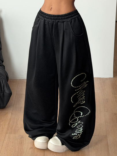 Coolane Women's Fall/Winter Summer Sportswear Streetwear Punk Casual Daily Wear Rave Outfit Sequin Graphics Gym Workout Black Wide Leg Pants Winter Pants