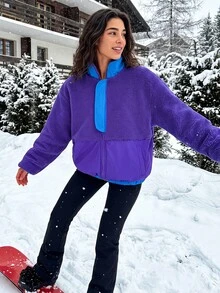 Exploreva Exploreva Women's Colorblock Long Sleeve Zipper Front Casual Outdoor Fleece Jacket - Purple - View 2
