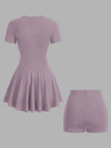 CourtClass CourtClass Women's Solid Color Round Neck Casual Daily Sports Dress And Shorts Set Pirple Dress For Women - Purple - View 2