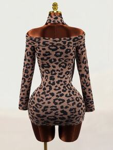 Mistrie Sexy Vintage Leopard Print Off-Shoulder Long Sleeve Knit Bodycon Mini Dress With Matching Fabric Scarf - Khaki - View 3