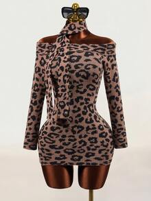 Mistrie Sexy Vintage Leopard Print Off-Shoulder Long Sleeve Knit Bodycon Mini Dress With Matching Fabric Scarf - Khaki - View 7