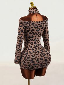 Mistrie Sexy Vintage Leopard Print Off-Shoulder Long Sleeve Knit Bodycon Mini Dress With Matching Fabric Scarf - Khaki - View 10