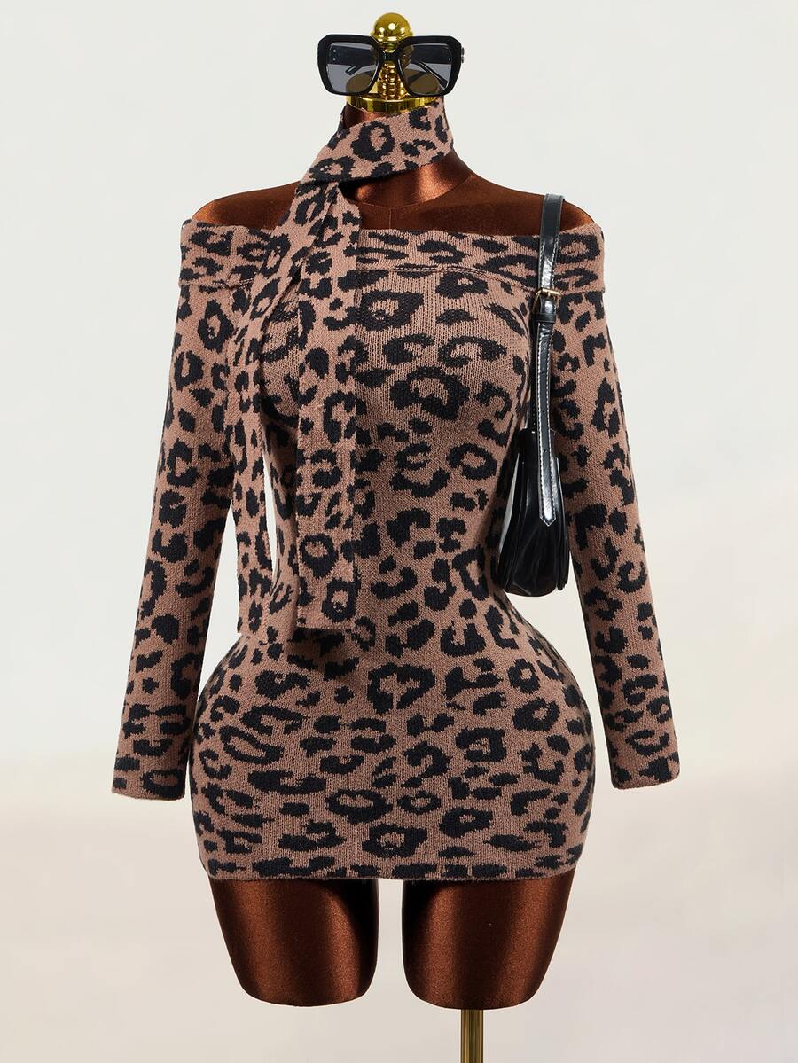 Mistrie Sexy Vintage Leopard Print Off-Shoulder Long Sleeve Knit Bodycon Mini Dress With Matching Fabric Scarf