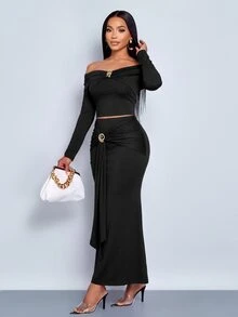SOLERSUN Women's This Two Pieces Set, Featuring A Textured Knit Off-The-Shoulder Long-Sleeved Top And A Fitted, Flowing Maxi Skirt - Black - View 8