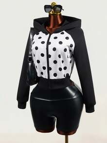 Mistrie Autumn Women Polka Dot Print Color Block Zip Up Hoodie, Long Sleeve Hooded Cropped Jacket Casual Streetwear Top, Zip Up Hoodie, Halloween Costume - Black and White - View 9