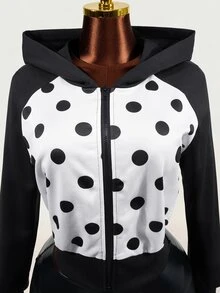 Mistrie Autumn Women Polka Dot Print Color Block Zip Up Hoodie, Long Sleeve Hooded Cropped Jacket Casual Streetwear Top, Zip Up Hoodie, Halloween Costume - Black and White - View 8