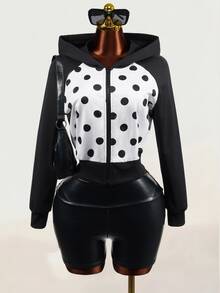 Mistrie Autumn Women Polka Dot Print Color Block Zip Up Hoodie, Long Sleeve Hooded Cropped Jacket Casual Streetwear Top, Zip Up Hoodie, Halloween Costume - Black and White - View 5