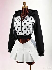 Mistrie Autumn Women Polka Dot Print Color Block Zip Up Hoodie, Long Sleeve Hooded Cropped Jacket Casual Streetwear Top, Zip Up Hoodie, Halloween Costume - Black and White - View 2