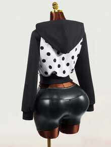 Mistrie Autumn Women Polka Dot Print Color Block Zip Up Hoodie, Long Sleeve Hooded Cropped Jacket Casual Streetwear Top, Zip Up Hoodie, Halloween Costume - Black and White - View 7