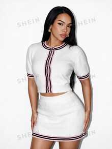 BamGleam Women Round Neck ButtonFront Cropped Knit Cardigan, Short Sleeve Contrast Trim At Neck & Cuffs, Soft Fabric Elegant Chic Knit Top For Fall Winter - White - View 6