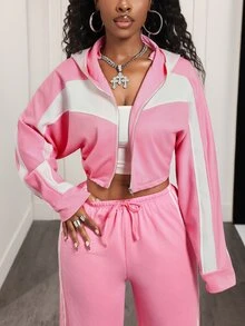 BamGleam Women's Colorblock Long Sleeve Zip-Up Cropped Hooded Sports Jacket - Pink - View 5