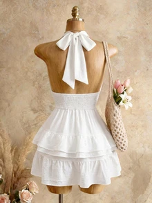 BamGleam White V-Neck Layered Ruffle A-Line Mini Dress, High Waist Pleated Backless Vacation Sundress For Summer - White - View 8