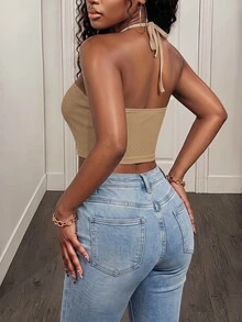 VaVaBold Women's Solid Color Cutout Sexy Cropped Fitted Tank Top For New Year Clothes - Khaki - View 3
