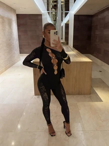 BamGleam Sexy Hollow Out Bodycon Asymmetric Neck Jumpsuit Club Party Black Autumn - Black - View 2