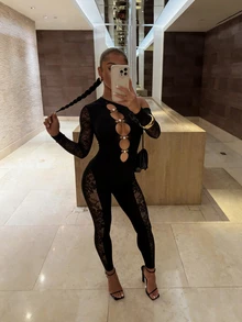BamGleam Sexy Hollow Out Bodycon Asymmetric Neck Jumpsuit Club Party Black Autumn - Black - View 5