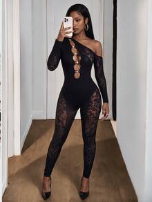BamGleam Sexy Hollow Out Bodycon Asymmetric Neck Jumpsuit Club Party Black Autumn - Black - View 3