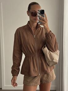SHEIN SXY Elegant Fitted Long-Sleeved Brown Suede Jacket For Going Out. - Coffee Brown - View 6