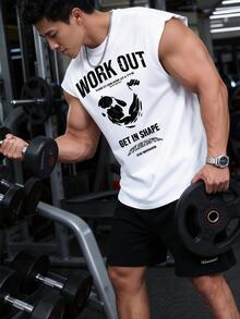 Gym Rark 男士白色无袖圆领运动背心，字母印花图案，常规版型，轻薄透气，适合肌肉锻炼。 - 白色 - 查看 4
