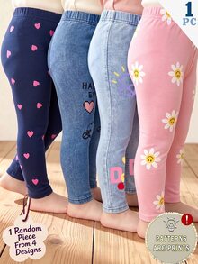Baby Girls Heart Flower Print Leggings Faux Denim Casual Slim Fit Pull-On Pants - Multicolor - View 1