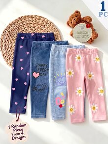Baby Girls Heart Flower Print Leggings Faux Denim Casual Slim Fit Pull-On Pants - Multicolor - View 3