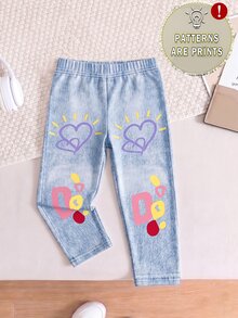 Baby Girls Heart Flower Print Leggings Faux Denim Casual Slim Fit Pull-On Pants - Multicolor - View 4