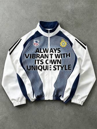 Men's Colorblock Zipper Stand Collar Long Sleeve Jacket Football Jersey Cardigan Jacket Coat