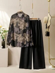 Lacomfia 2 件套休闲花卉印花长袖宽松常规衬衫和松紧腰裤，加大码，春/秋 - 彩色 - 查看 2