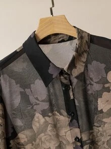 Lacomfia 2 件套休闲花卉印花长袖宽松常规衬衫和松紧腰裤，加大码，春/秋 - 彩色 - 查看 4