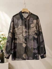 Lacomfia 2 件套休闲花卉印花长袖宽松常规衬衫和松紧腰裤，加大码，春/秋 - 彩色 - 查看 9
