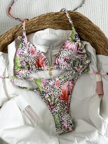 SHEIN Swim Springbreak Women's Random Print Halter Metal Decor Sexy Bikini Swimwear Set, Summer Beachwear Outfits - Multicolor - View 4