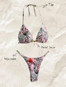 SHEIN Swim Springbreak Women's Random Print Halter Metal Decor Sexy Bikini Swimwear Set, Summer Beachwear Outfits - Multicolor - View 1