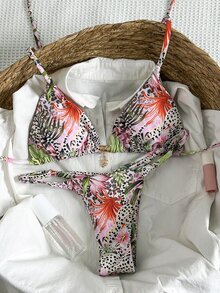 SHEIN Swim Springbreak Women's Random Print Halter Metal Decor Sexy Bikini Swimwear Set, Summer Beachwear Outfits - Multicolor - View 3