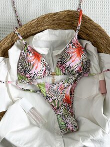 SHEIN Swim Springbreak Women's Random Print Halter Metal Decor Sexy Bikini Swimwear Set, Summer Beachwear Outfits - Multicolor - View 2