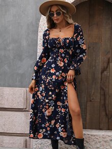 Breezaya Floral Print Split Thigh Dress Maxi Vacation Beach Outfits Women Fall Cloth For Women - Navy Blue - View 6