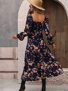 Breezaya Floral Print Split Thigh Dress Maxi Vacation Beach Outfits Women Fall Cloth For Women - Navy Blue - View 2