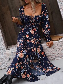 Breezaya Floral Print Split Thigh Dress Maxi Vacation Beach Outfits Women Fall Cloth For Women - Navy Blue - View 5