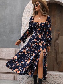 Breezaya Floral Print Split Thigh Dress Maxi Vacation Beach Outfits Women Fall Cloth For Women - Navy Blue - View 3