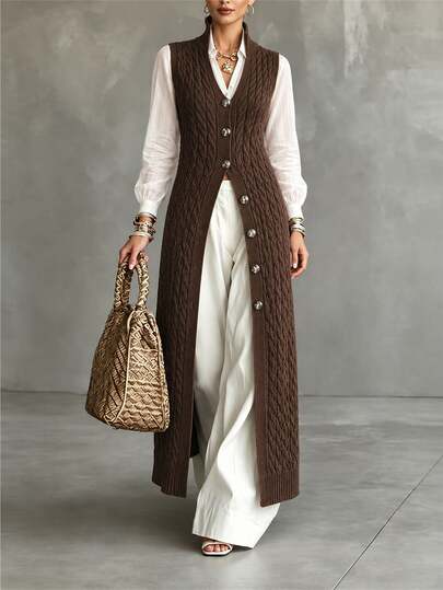 SHEIN Cable Knit Sleeveless Midi Dress Stand Collar Front Button Slim Knit Tank Dress Everyday Dark Brown Autumn Elegant