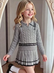 SHEIN Girls Pink Knit 2 Pieces Set, Cute Embroidered Rabbit Sweater + Knit Mini Skirt, Long Sleeve V-Neck Pullover With Twisted Rope Detail, Casual Elegant Style For Autumn/Winter - Grey - View 1