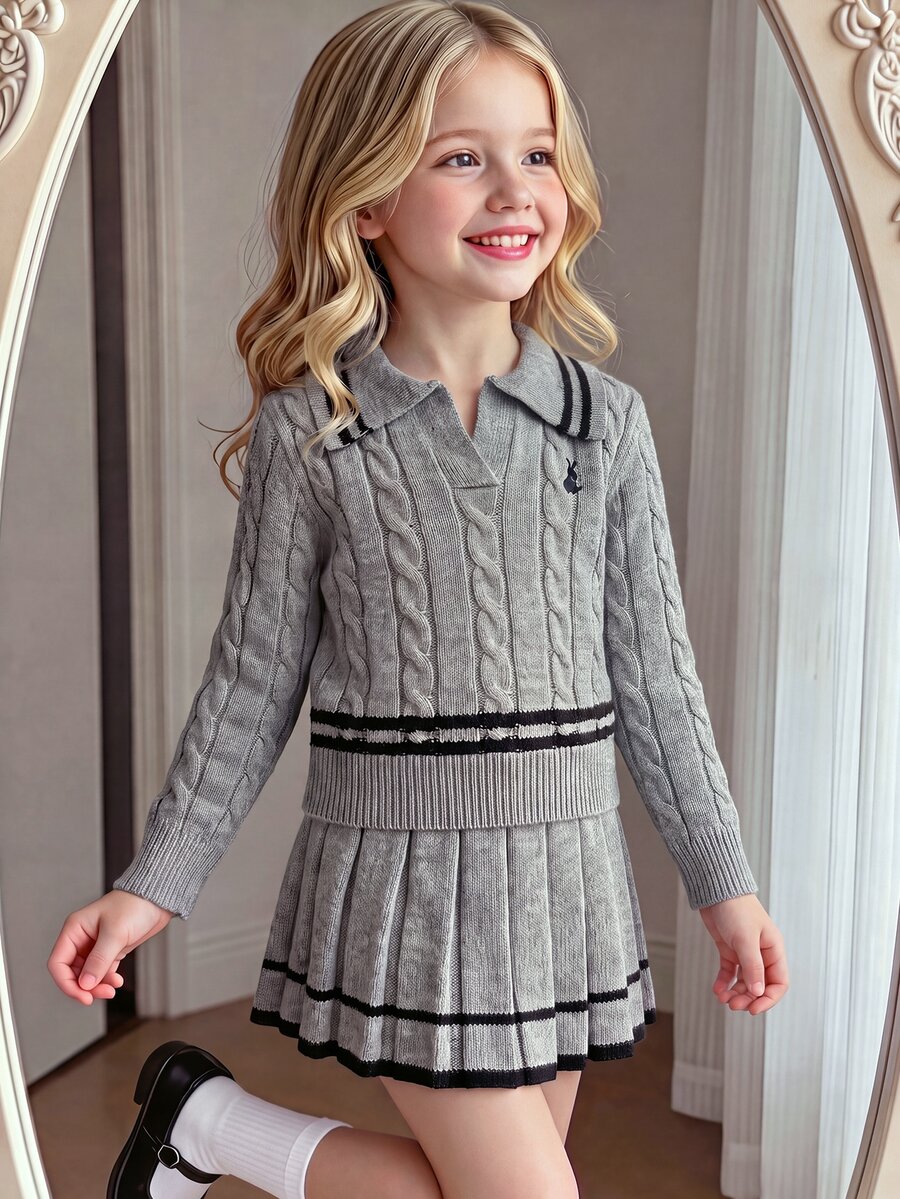 SHEIN Girls Pink Knit 2 Pieces Set, Cute Embroidered Rabbit Sweater + Knit Mini Skirt, Long Sleeve V-Neck Pullover With Twisted Rope Detail, Casual Elegant Style For Autumn/Winter - Grey - View 1