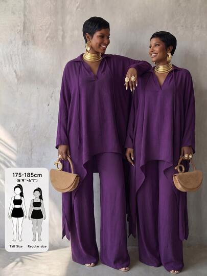 BamGlimmer Purple Loose 2 Pieces Set, Lightweight Wrinkled Texture Woven Fabric, Cape-Style Wide Sleeve Top + Draped Wide Leg Pants, Oversized Relaxed Fit, Flowing Cape Design, Vintage North African Vacation Style, Taro Purple, Suitable For Travel Photography, Daily Commute, Holiday Party Gathering Multiple Occasions