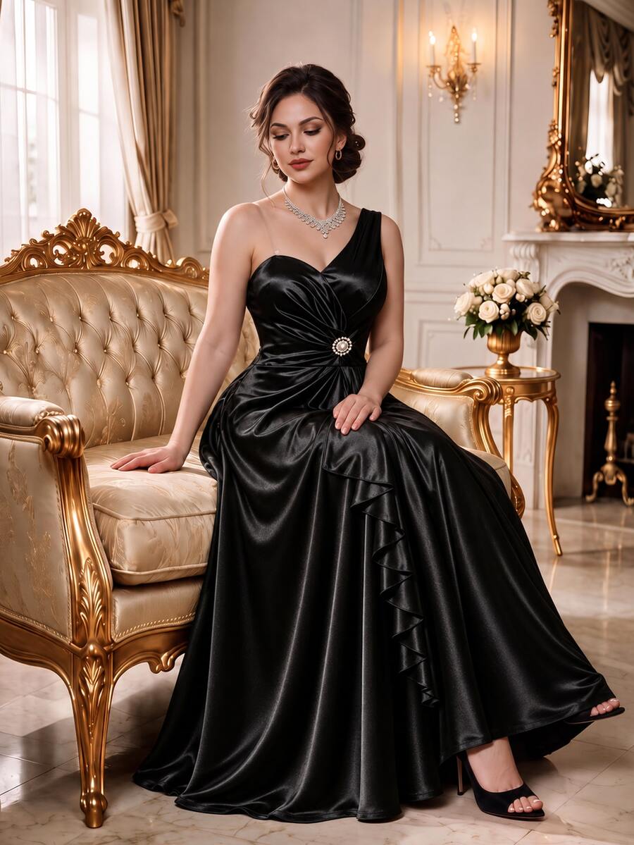 Rometta Women's Plus Size Royal Blue One-Shoulder Ruched Waist Asymmetrical Ruffle Hem Dress With Rhinestone Buckle Decor, Elegant Long Evening Gown For Outings, Parties, Dinner, Hosting, Birthday, Luxury Style - Black - View 1
