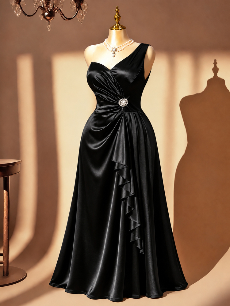 Rometta Women's Plus Size Royal Blue One-Shoulder Ruched Waist Asymmetrical Ruffle Hem Dress With Rhinestone Buckle Decor, Elegant Long Evening Gown For Outings, Parties, Dinner, Hosting, Birthday, Luxury Style - Black - View 2