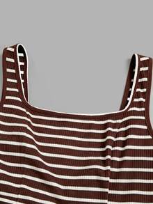 Selianne New Square Neck Women's Sleeveless Ribbed Knit Split Design Back Bowknot Design Elegant Fitted Party Long Dress - Brown - View 3