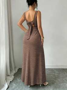 Selianne New Square Neck Women's Sleeveless Ribbed Knit Split Design Back Bowknot Design Elegant Fitted Party Long Dress - Brown - View 2