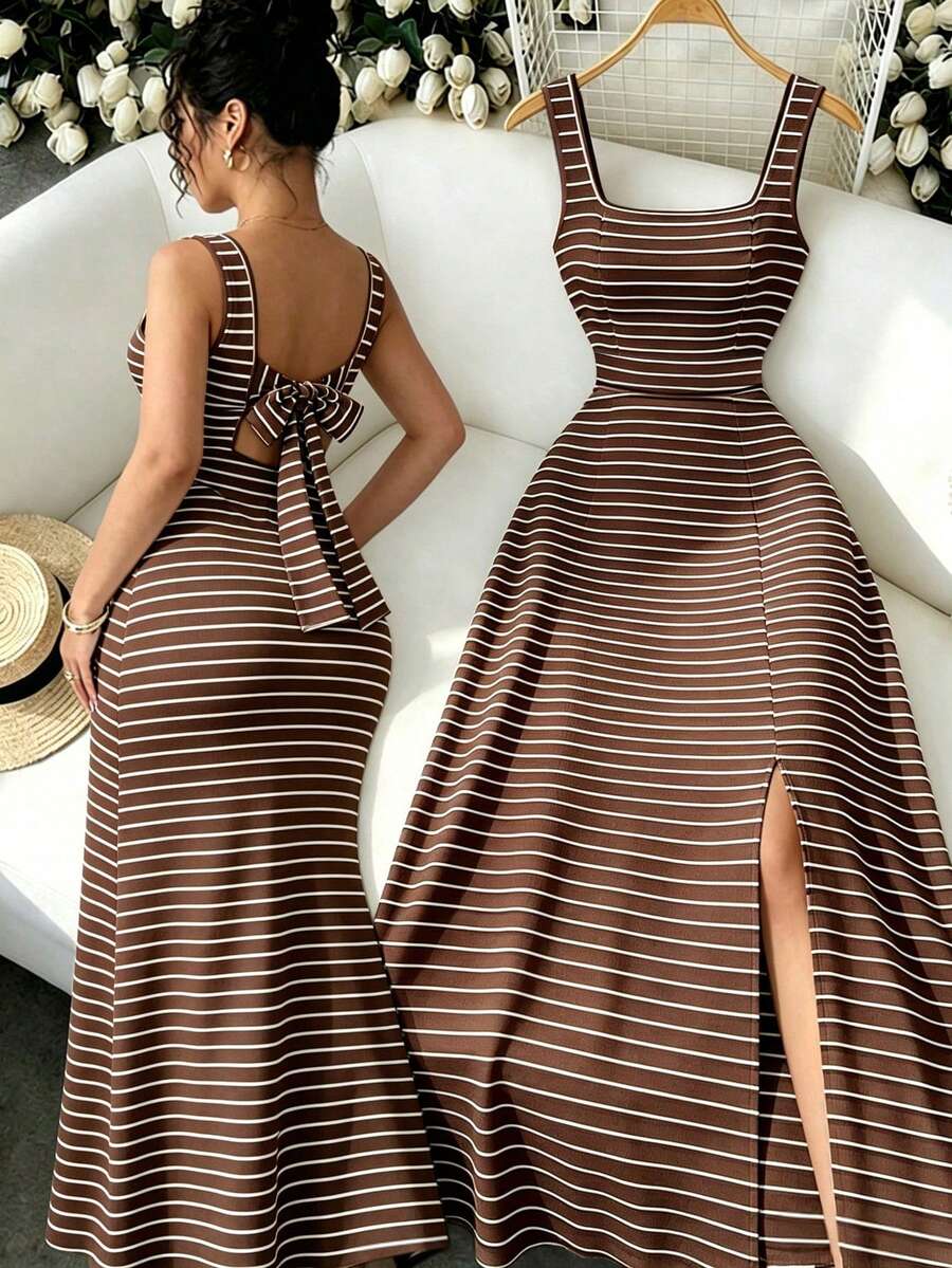 Selianne New Square Neck Women's Sleeveless Ribbed Knit Split Design Back Bowknot Design Elegant Fitted Party Long Dress - Brown - View 1