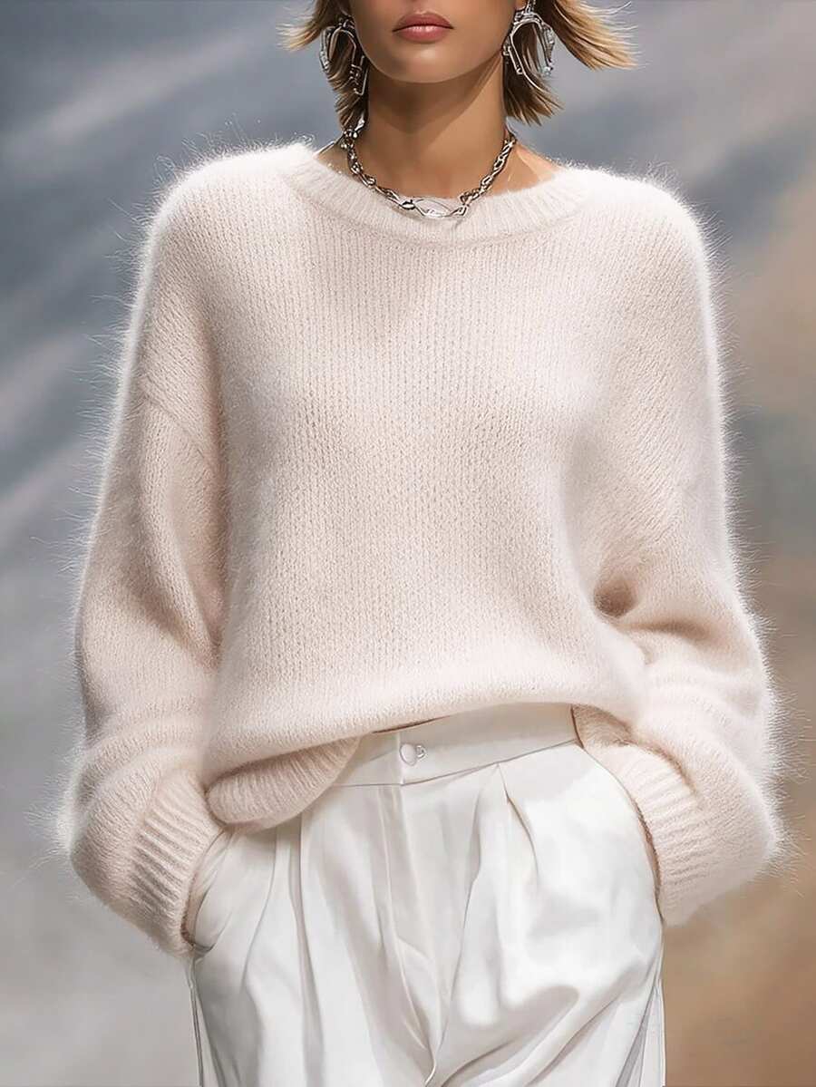 SHEIN Franclia Soft‑Toned Blush Knit Pullover With Classic Crew‑Neck Cut. Relaxed Dropped‑Shoulder Silhouette Bring - Baby Pink - View 1