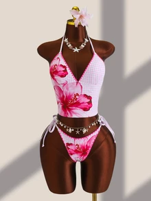 Elavelle Swim Vcay-D Women's Spring/Summer Positioning Print Spaghetti Strap Shell Crochet Trim Bikini Set Beach Vacation Pink Tropical - Multicolor - View 4